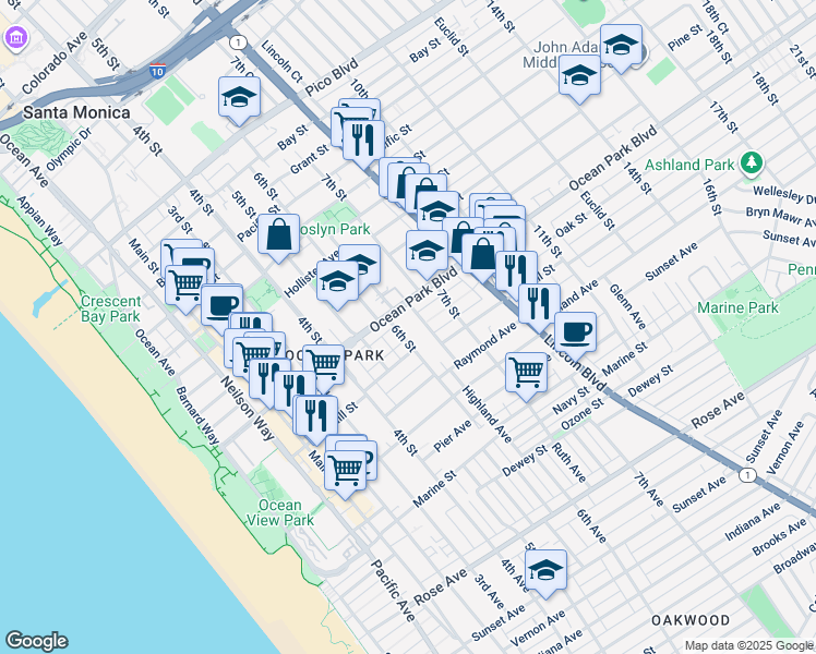 map of restaurants, bars, coffee shops, grocery stores, and more near 2625 6th Street in Santa Monica