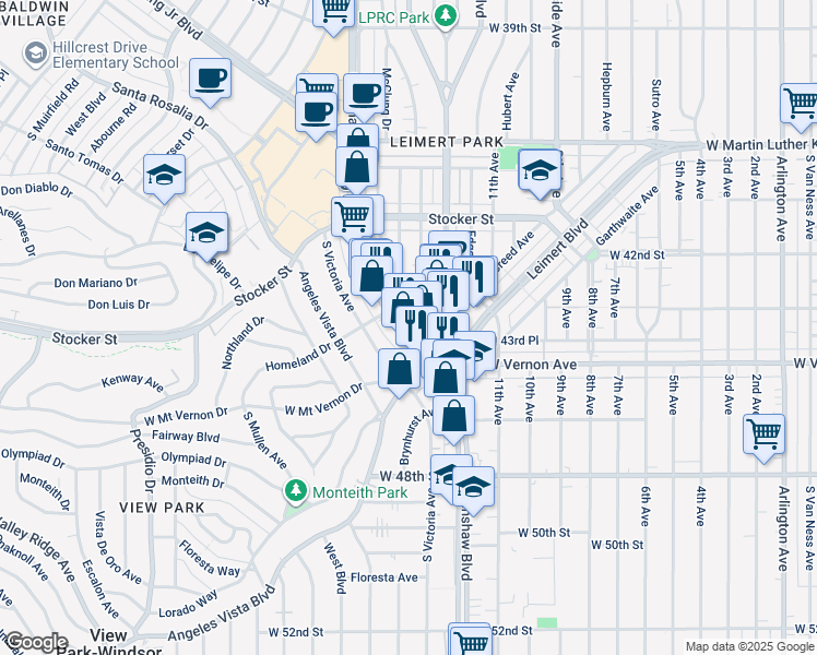 map of restaurants, bars, coffee shops, grocery stores, and more near 4308 Crenshaw Boulevard in Los Angeles