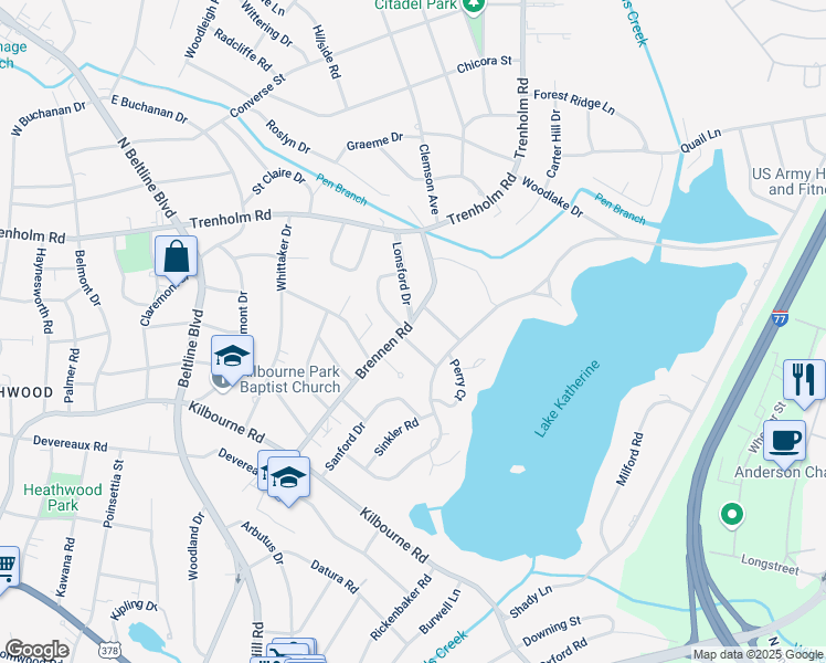 map of restaurants, bars, coffee shops, grocery stores, and more near 4514 Nandina Drive in Columbia
