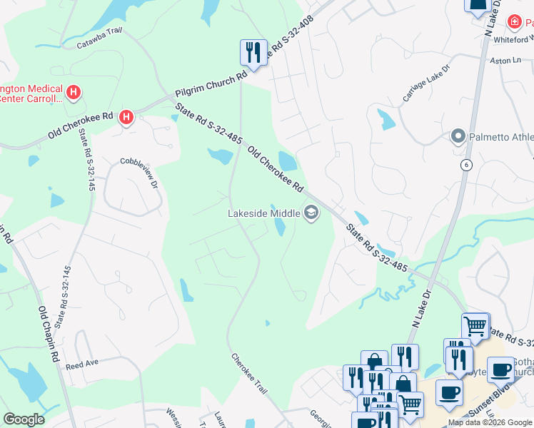 map of restaurants, bars, coffee shops, grocery stores, and more near 503 Old Cherokee Road in Lexington