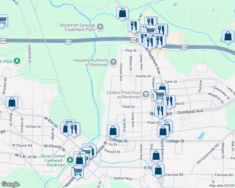 map of restaurants, bars, coffee shops, grocery stores, and more near 703 Forrest Avenue in Rockmart