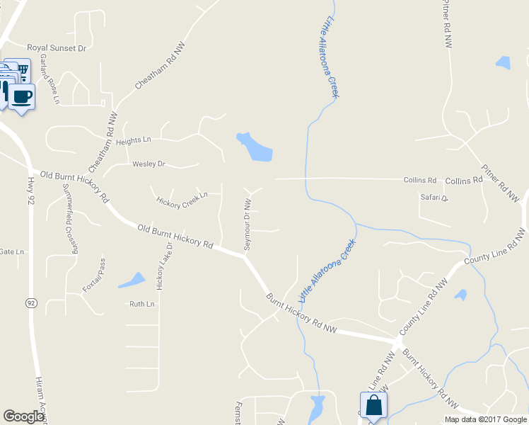 map of restaurants, bars, coffee shops, grocery stores, and more near 6383 Garvey Lane Northwest in Acworth