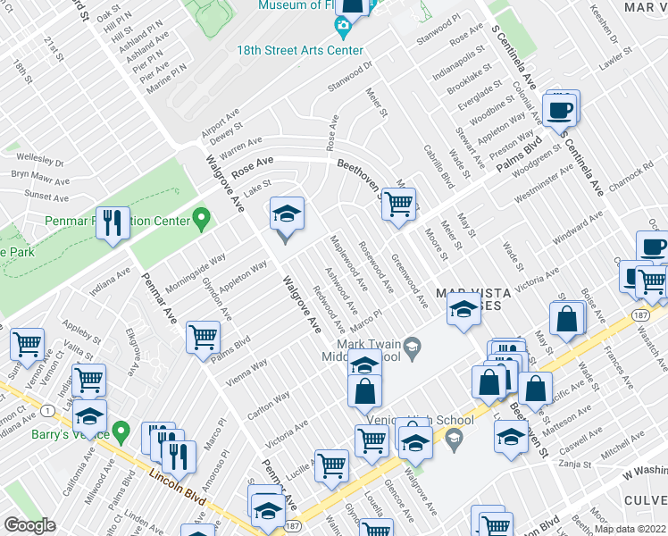 map of restaurants, bars, coffee shops, grocery stores, and more near 3484 Ashwood Avenue in Los Angeles