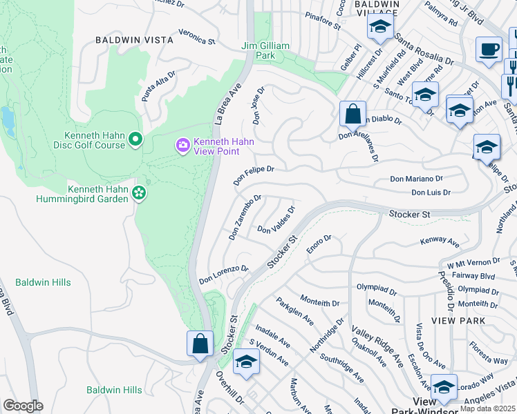 map of restaurants, bars, coffee shops, grocery stores, and more near 4521 Don Timoteo Drive in Los Angeles