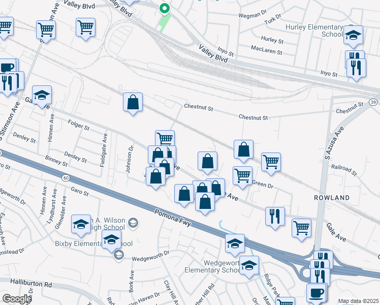 map of restaurants, bars, coffee shops, grocery stores, and more near 16639 Gale Avenue in City of Industry