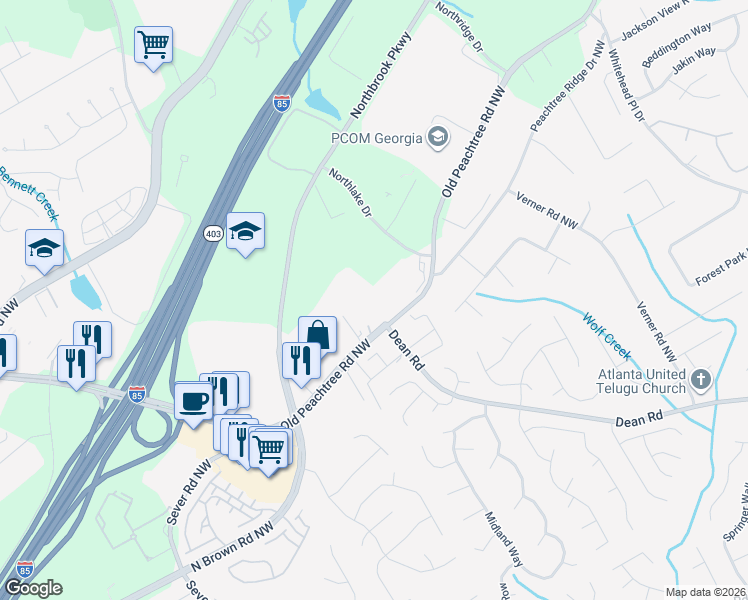 map of restaurants, bars, coffee shops, grocery stores, and more near 801 Old Peachtree Road Northwest in Lawrenceville