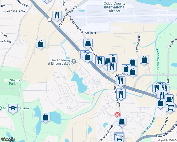 map of restaurants, bars, coffee shops, grocery stores, and more near 1947 Lake Heights Circle Northwest in Kennesaw