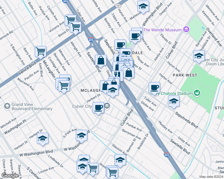 map of restaurants, bars, coffee shops, grocery stores, and more near 11287 Washington Boulevard in Culver City
