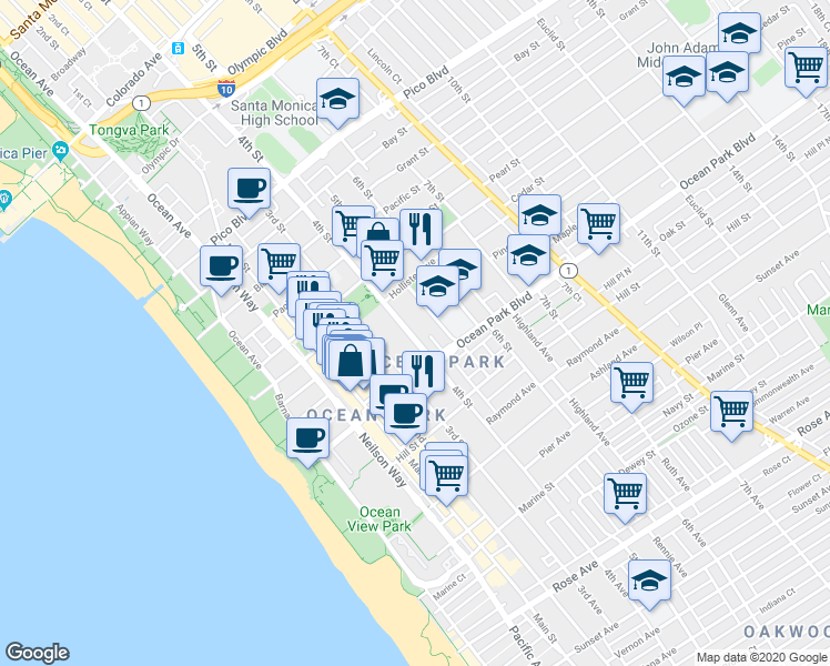 map of restaurants, bars, coffee shops, grocery stores, and more near 2447 4th Street in Santa Monica