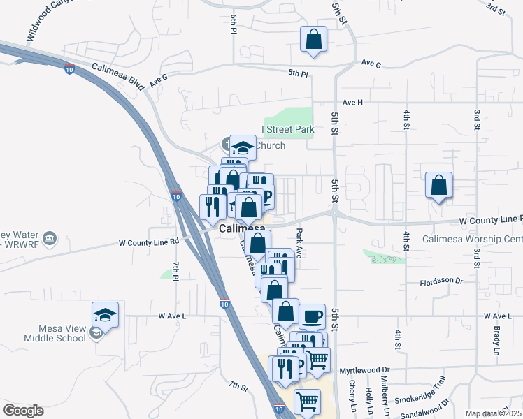 map of restaurants, bars, coffee shops, grocery stores, and more near 34080 County Line Road in Calimesa