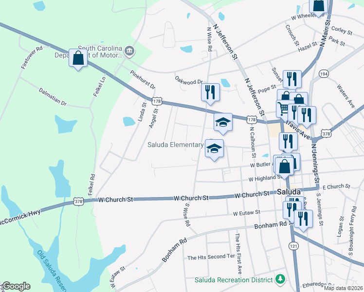 map of restaurants, bars, coffee shops, grocery stores, and more near 207 Neal Street in Saluda
