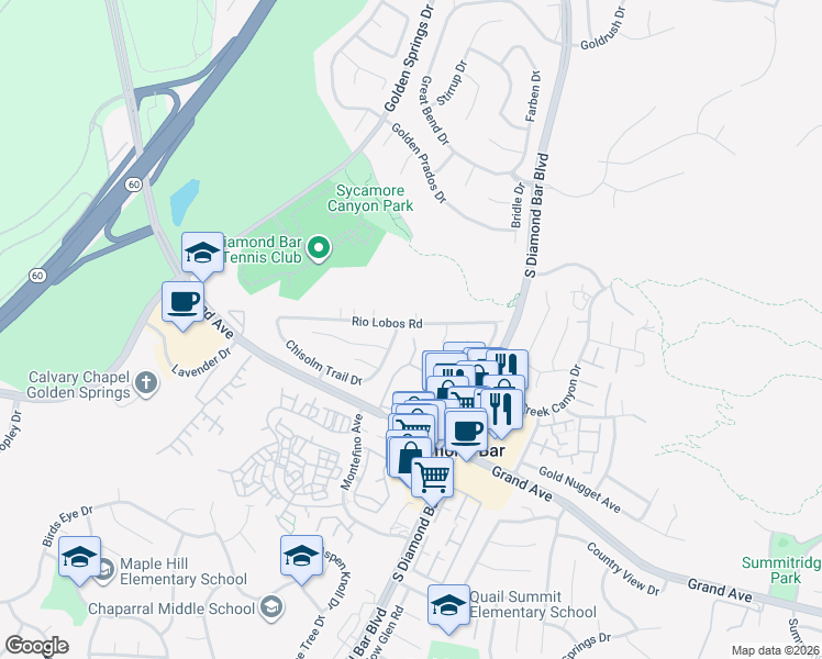 map of restaurants, bars, coffee shops, grocery stores, and more near 23010 Rio Lobos Road in Diamond Bar