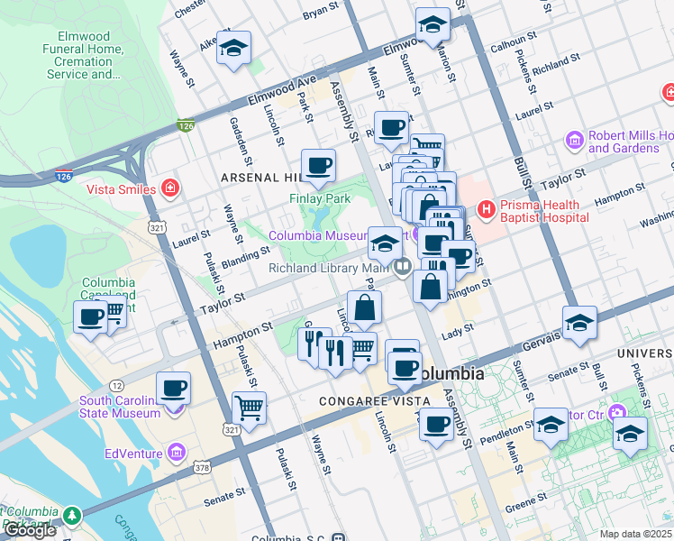 map of restaurants, bars, coffee shops, grocery stores, and more near 900 Taylor Street in Columbia