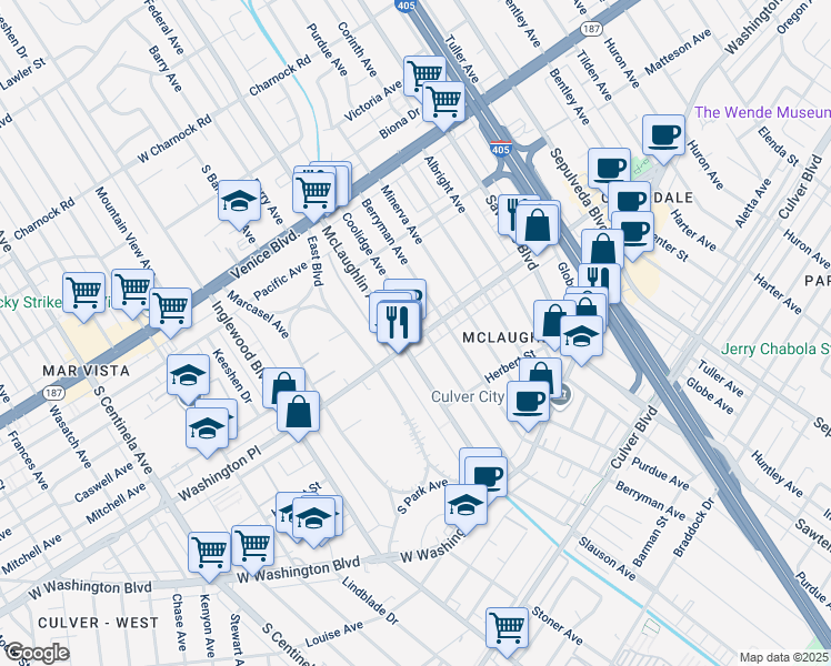 map of restaurants, bars, coffee shops, grocery stores, and more near 11521 Washington Place in Los Angeles