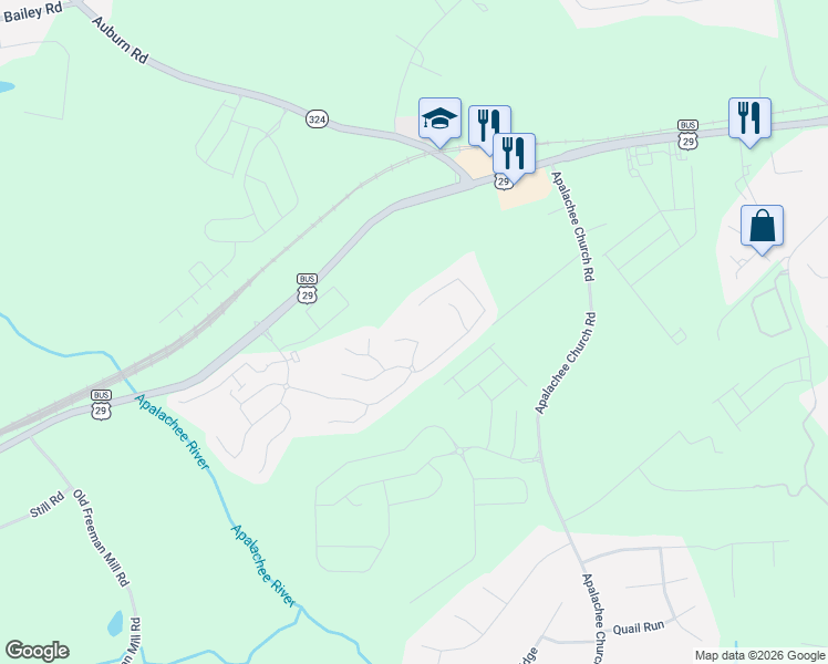 map of restaurants, bars, coffee shops, grocery stores, and more near 1739 McCully Drive in Auburn