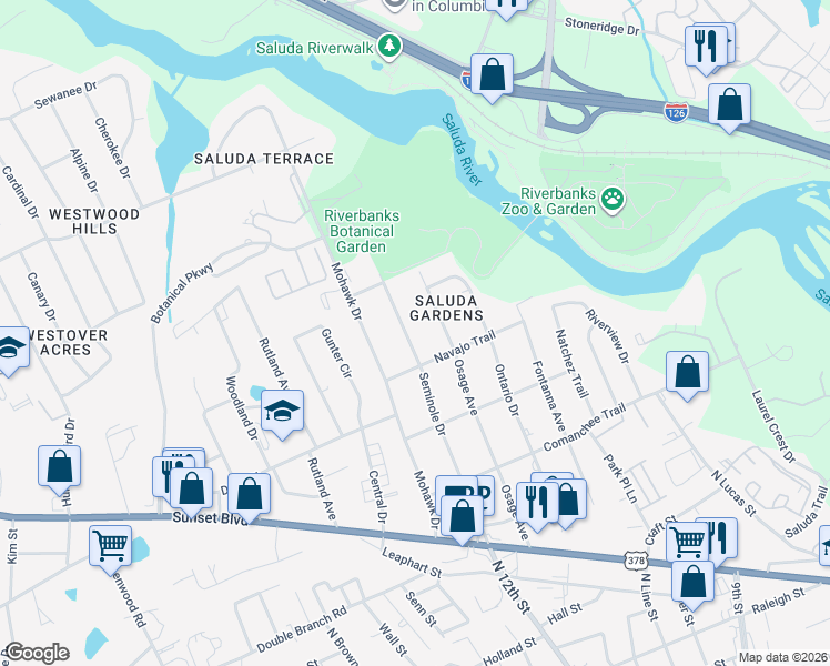 map of restaurants, bars, coffee shops, grocery stores, and more near 1110 Seminole Drive in West Columbia