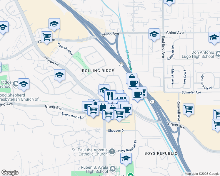 map of restaurants, bars, coffee shops, grocery stores, and more near 3360 Silvertip Road in Chino Hills