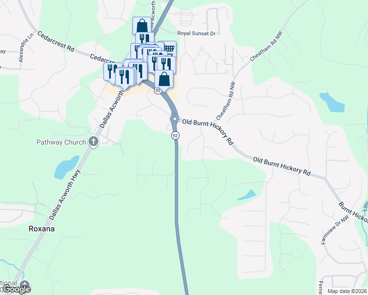 map of restaurants, bars, coffee shops, grocery stores, and more near 104 Summerfield Court in Acworth