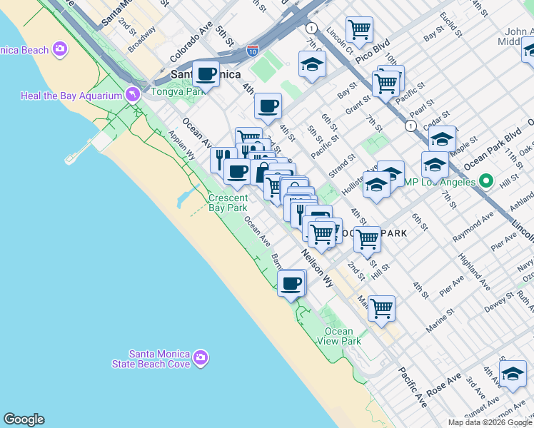 map of restaurants, bars, coffee shops, grocery stores, and more near 126 Pacific Street in Santa Monica