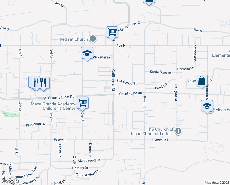 map of restaurants, bars, coffee shops, grocery stores, and more near 35110 County Line Road in Yucaipa