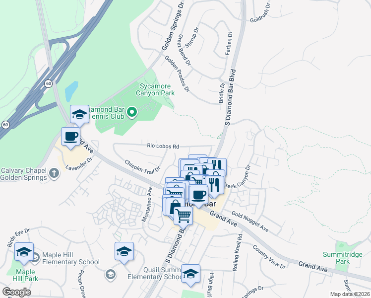 map of restaurants, bars, coffee shops, grocery stores, and more near 23042 Rio Lobos Road in Diamond Bar