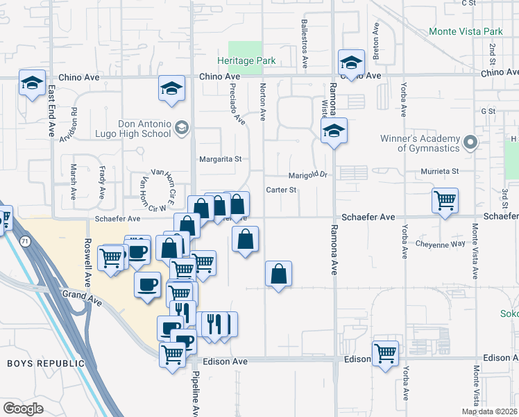 map of restaurants, bars, coffee shops, grocery stores, and more near 13670 Norton Avenue in Chino