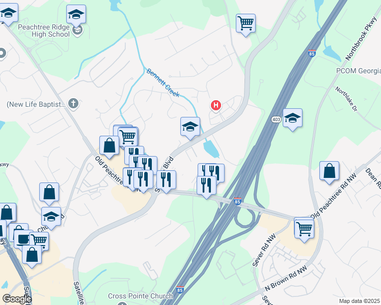 map of restaurants, bars, coffee shops, grocery stores, and more near 1456 Satellite Boulevard Northwest in Suwanee