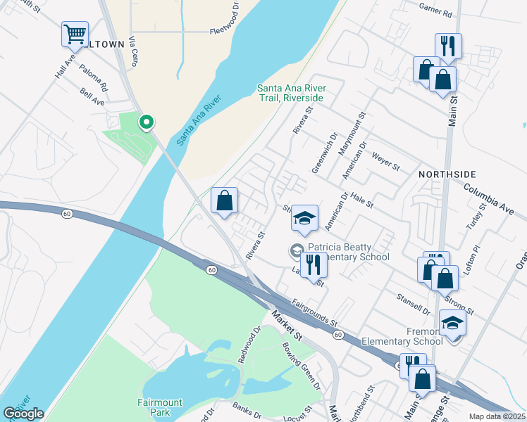 map of restaurants, bars, coffee shops, grocery stores, and more near 1779 Edmon Way in Riverside