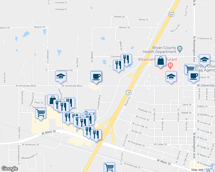 map of restaurants, bars, coffee shops, grocery stores, and more near 2663 West University Boulevard in Durant