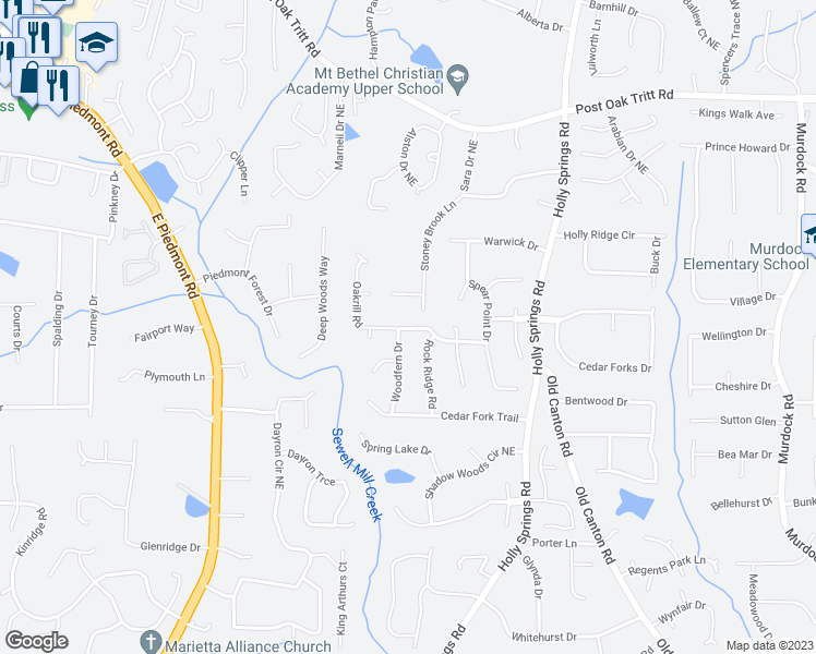 map of restaurants, bars, coffee shops, grocery stores, and more near 2531 Oakrill Road in Marietta