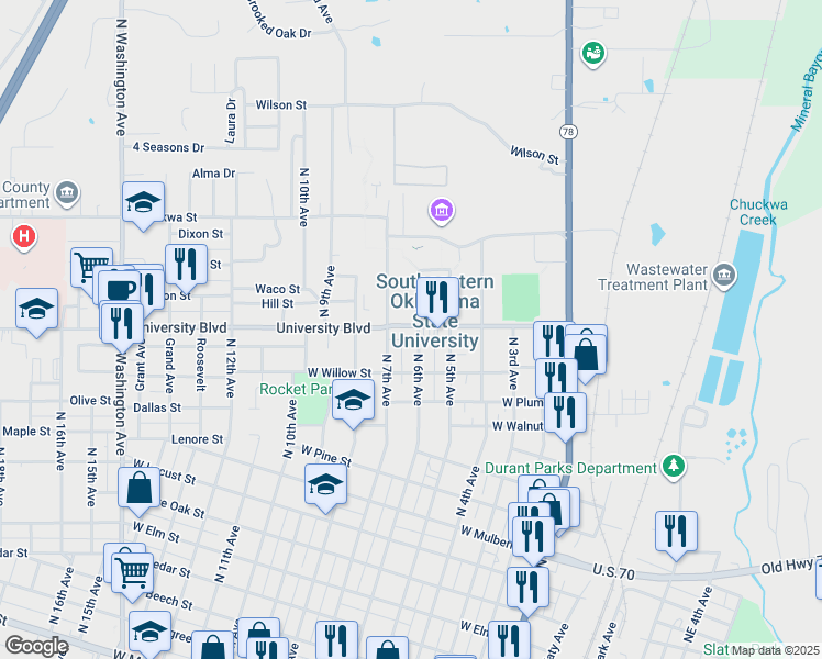 map of restaurants, bars, coffee shops, grocery stores, and more near 1335 North 6th Avenue in Durant