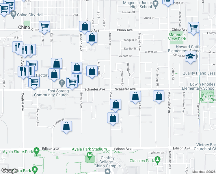 map of restaurants, bars, coffee shops, grocery stores, and more near 5873 Ashley Court in Chino