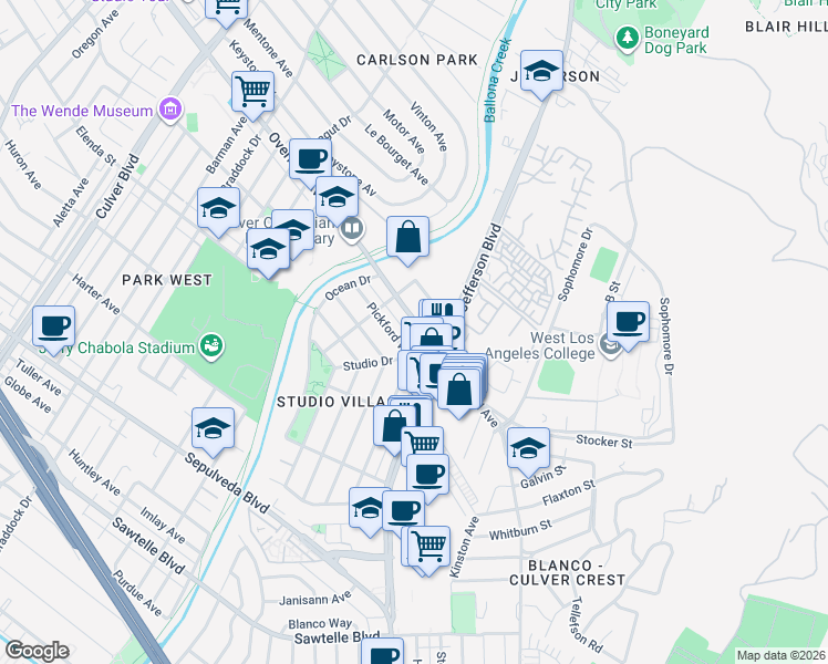 map of restaurants, bars, coffee shops, grocery stores, and more near 5145 Overland Avenue in Culver City