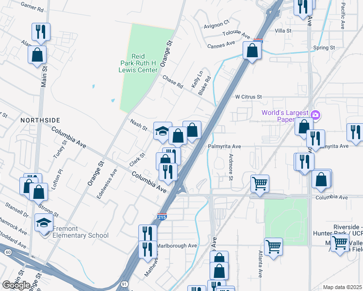 map of restaurants, bars, coffee shops, grocery stores, and more near 1011 West La Cadena Drive in Riverside