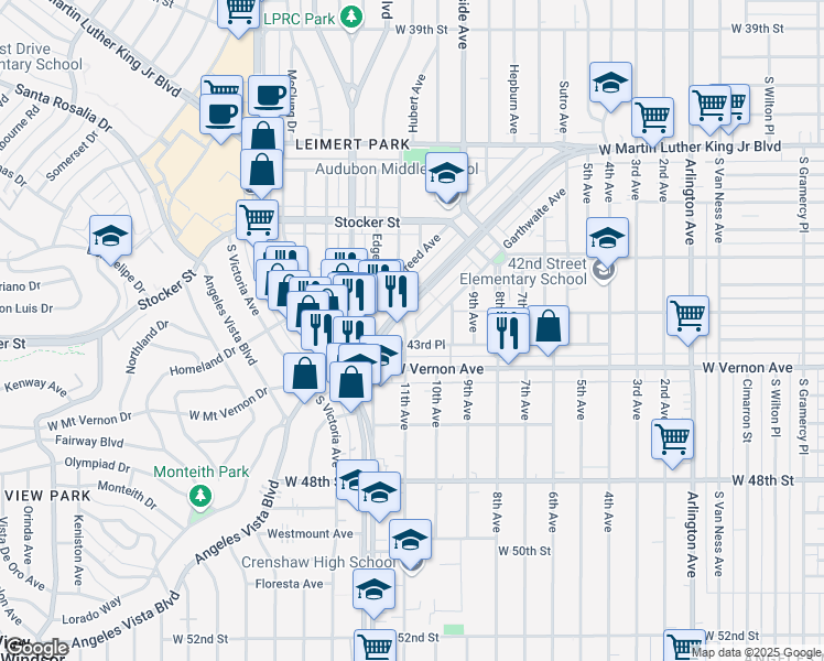 map of restaurants, bars, coffee shops, grocery stores, and more near 4350 11th Avenue in Los Angeles