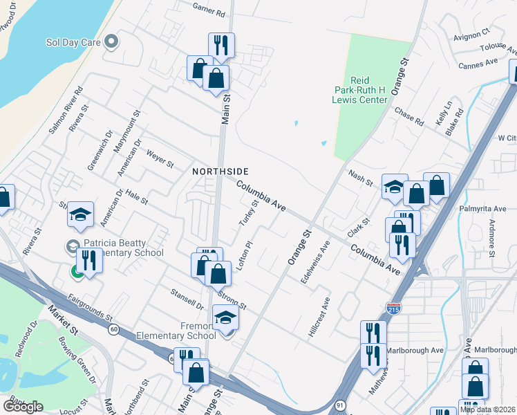 map of restaurants, bars, coffee shops, grocery stores, and more near 1252 Turley Street in Riverside