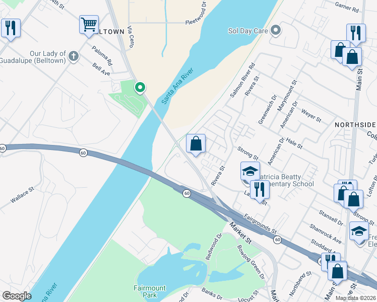 map of restaurants, bars, coffee shops, grocery stores, and more near 1901 Flint Court in Riverside