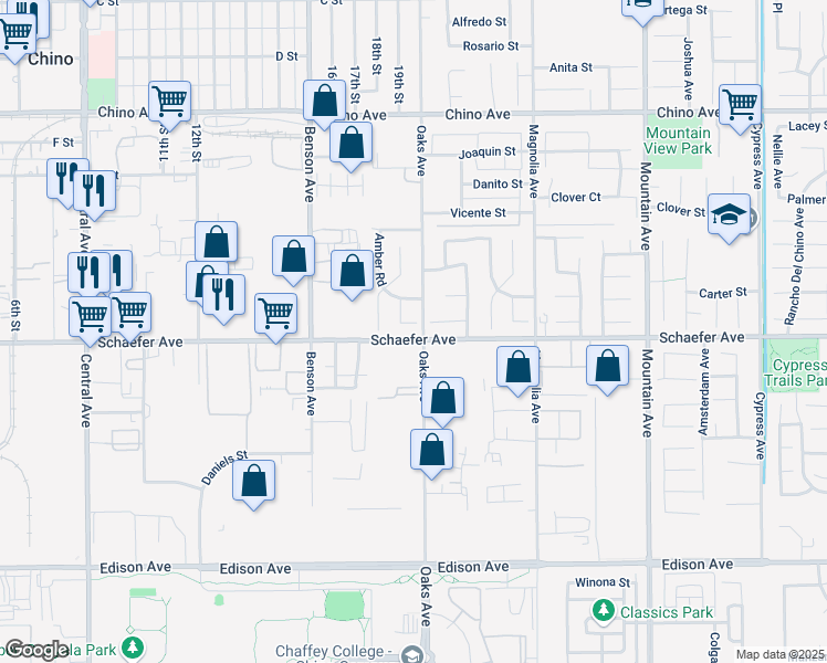 map of restaurants, bars, coffee shops, grocery stores, and more near 5873 Ashley Court in Chino