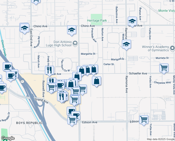 map of restaurants, bars, coffee shops, grocery stores, and more near 4150 Schaefer Avenue in Chino