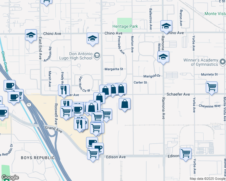 map of restaurants, bars, coffee shops, grocery stores, and more near 4150 Schaefer Avenue in Chino