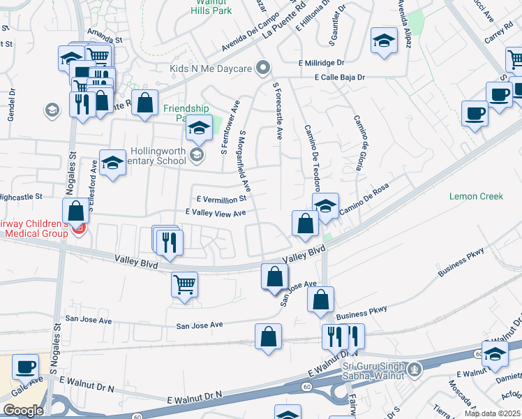 map of restaurants, bars, coffee shops, grocery stores, and more near 3137 East Valley View Avenue in West Covina