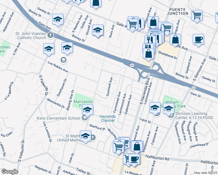 map of restaurants, bars, coffee shops, grocery stores, and more near 1529 Dunswell Avenue in Hacienda Heights