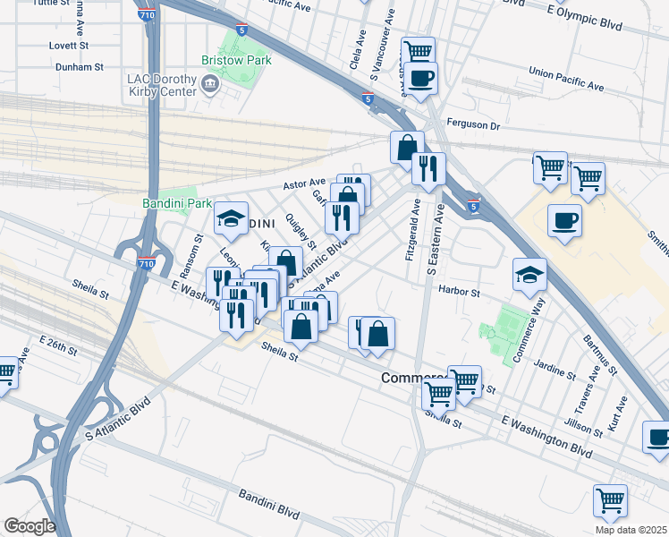 map of restaurants, bars, coffee shops, grocery stores, and more near 2250 South Atlantic Boulevard in Commerce