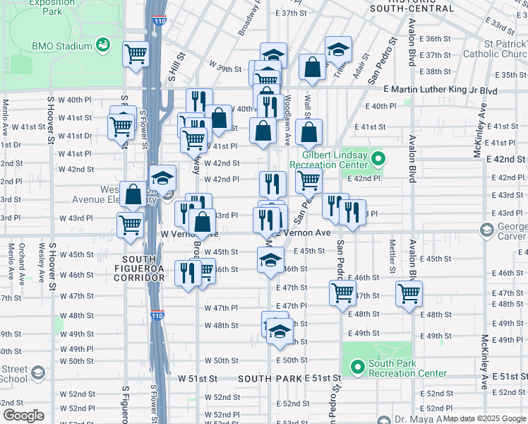 map of restaurants, bars, coffee shops, grocery stores, and more near 143 West 43rd Place in Los Angeles