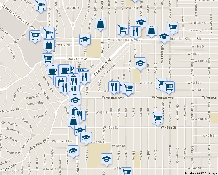 map of restaurants, bars, coffee shops, grocery stores, and more near 4319 8th Avenue in Los Angeles