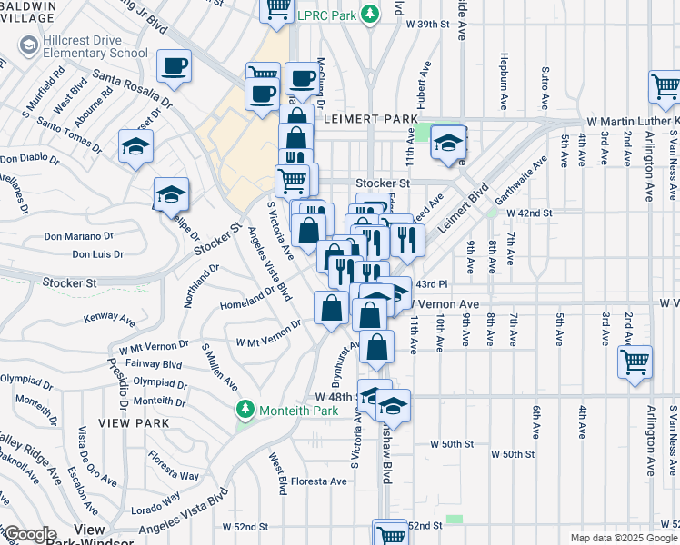 map of restaurants, bars, coffee shops, grocery stores, and more near 4308 Crenshaw Boulevard in Los Angeles