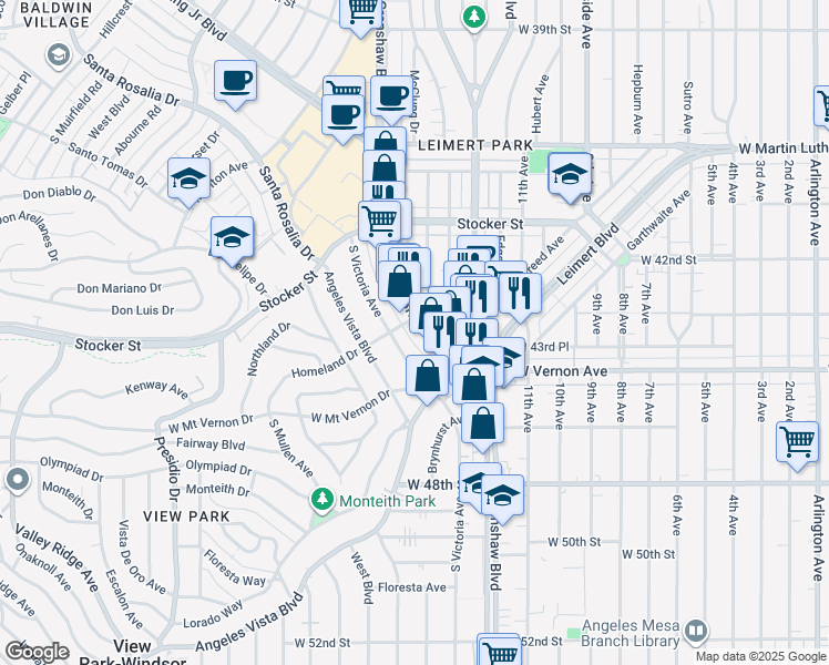 map of restaurants, bars, coffee shops, grocery stores, and more near 4308 Crenshaw Boulevard in Los Angeles
