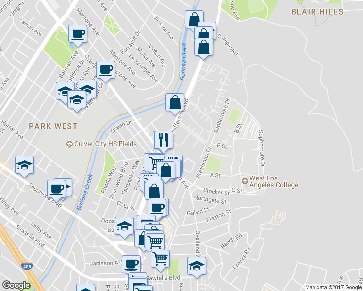 map of restaurants, bars, coffee shops, grocery stores, and more near 11000 Summertime Lane in Culver City