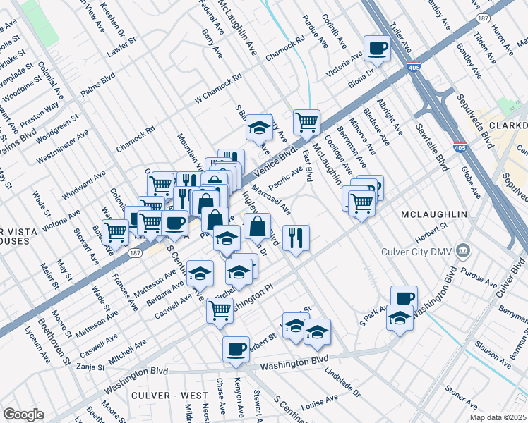 map of restaurants, bars, coffee shops, grocery stores, and more near 3845 Inglewood Boulevard in Los Angeles