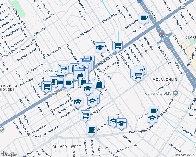 map of restaurants, bars, coffee shops, grocery stores, and more near 3845 Inglewood Boulevard in Los Angeles